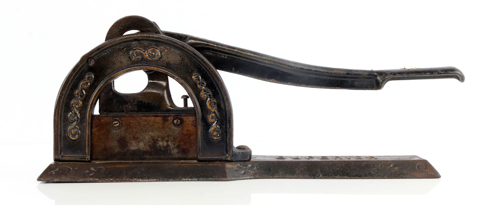 SUPERIOR BRAND CAST IRON TOBACCO LEAF CUTTER: Antique cast iron tobacco leaf cutter with blade. Length 18.25 inches. Width 4.25 inches. Good condition.