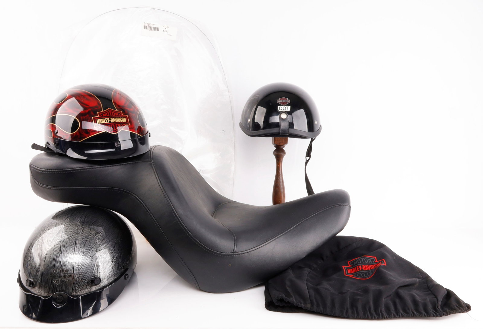 HARLEY DAVIDSON GEAR SEAT WIND SHIELD 3 HELMET NEW: All new, 3 helmets size large, seat for 1992-2007 Road King, replacement wind shield for 1997-2007. Over $1000 in retail.