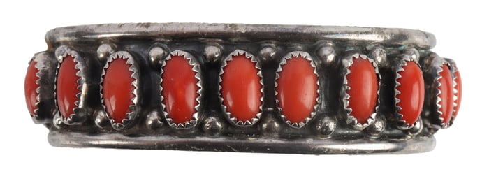 K Y SIGNED KAY YAZZIE CORAL SILVER NAVAJO BRACELET