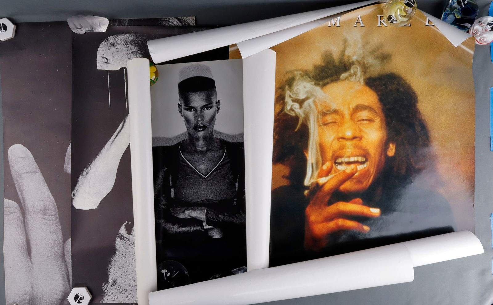 COLLECTION OF CLASSIC VINTAGE POSTERS LOT OF 5: A collection of five classic posters. 1) Bob Marley. 2) Bob Marley. 3) Grace Jones. 4) Old woman smoking marijuana. 5) Tiny Tim. 24.5 X 34 inches. Very good, original condition. This lot has a reserve