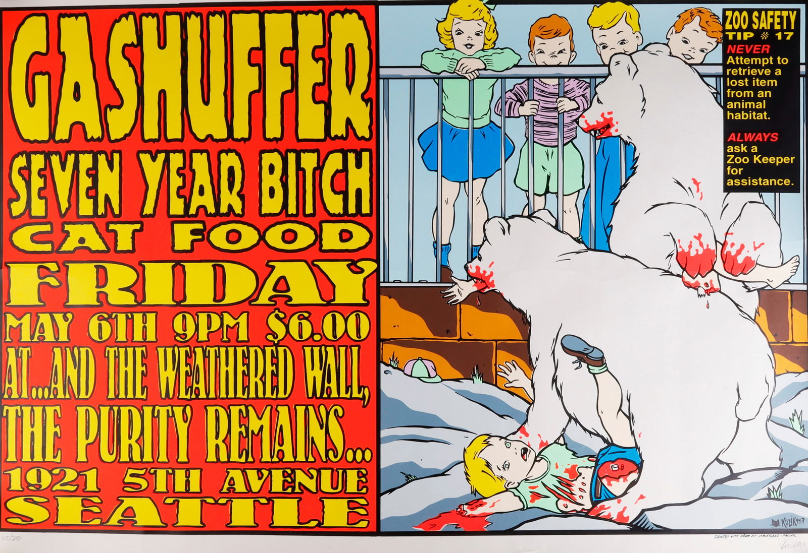 FRANK KOZIK GAS HUFFER 7 YEAR BITCH POSTER SIGNED: A music poster by Frank Kozik for Gas Huffer, Seven Year Bitch, and Cat Food. Signed by Kozik. Numbered 105/250. 23 X 35 inches. Very good, original condition. This lot has a reserve.