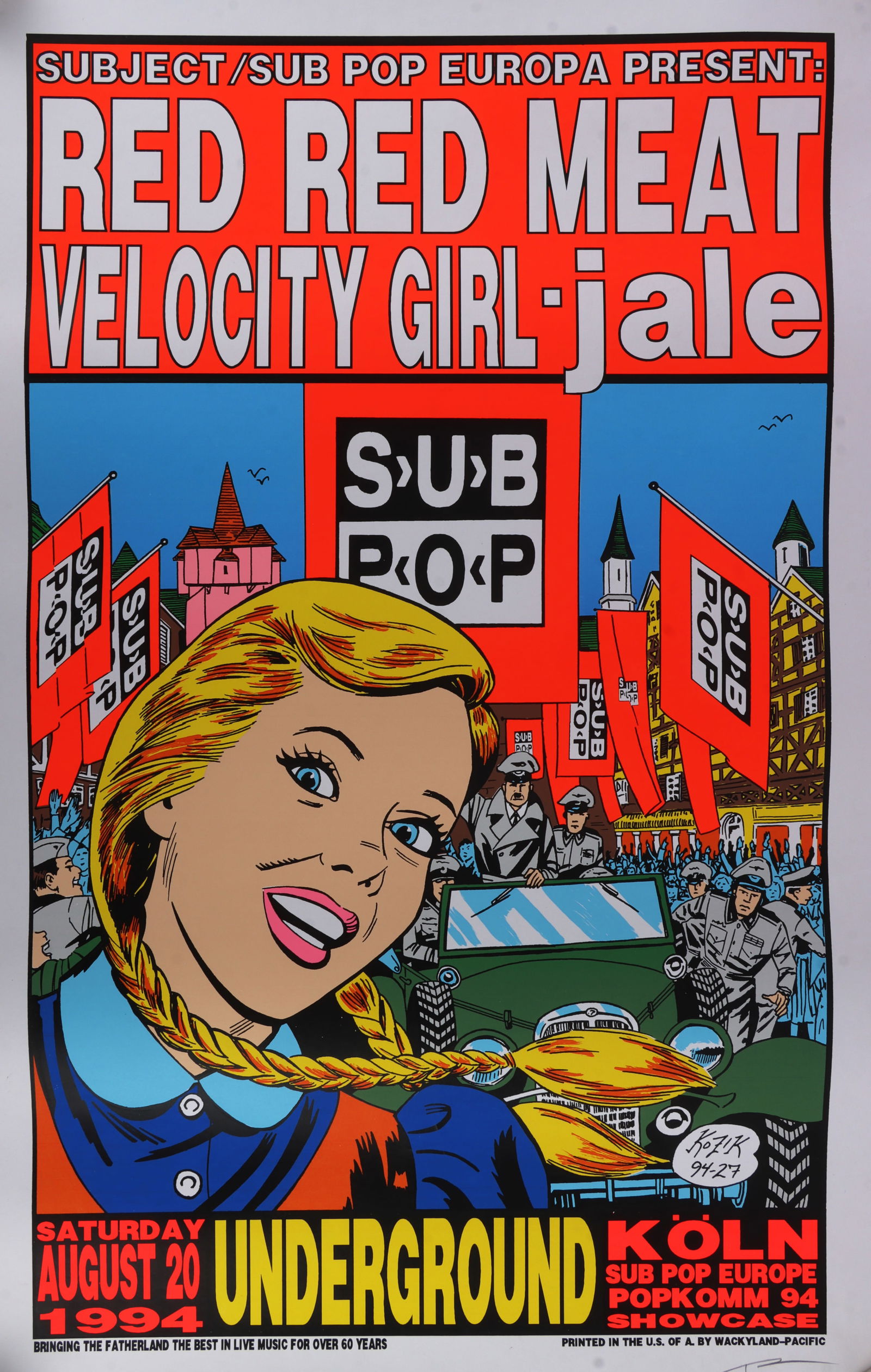 FRANK KOZIK RED RED MEAT CONCERT POSTER 1994: A Frank Kozik poster for Red Red Meat, also featuring Velocite Girl and Jale. Dated 1994. Signed by Kozik. 25.5 X 30 inches. Very good, original condition. This lot has a reserve.