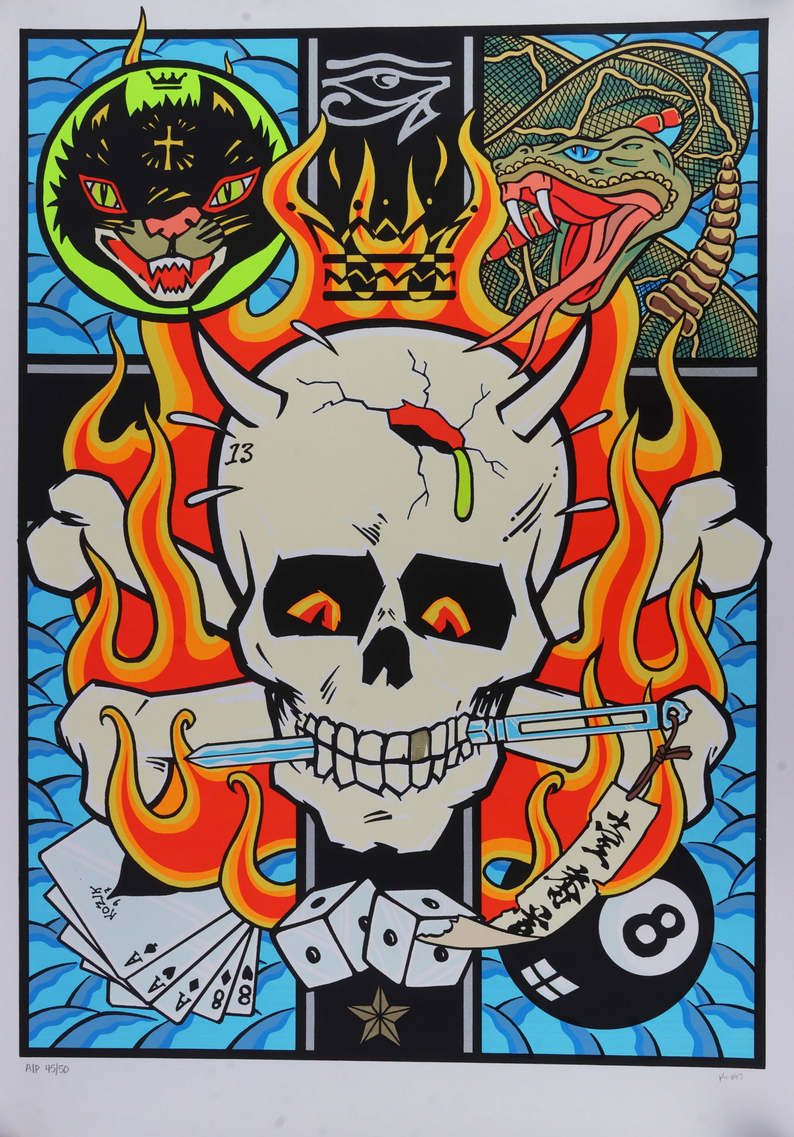 FRANK KOZIK SKULL DICE & CARDS ART POSTER PRINT: An art poster by Frank Kozik, depicting a skull holding a dagger between its death and surrounded by cards and dice. Signed. Numbered 45/50. 23 X 32.25 inches. Very good, original condition. This lot