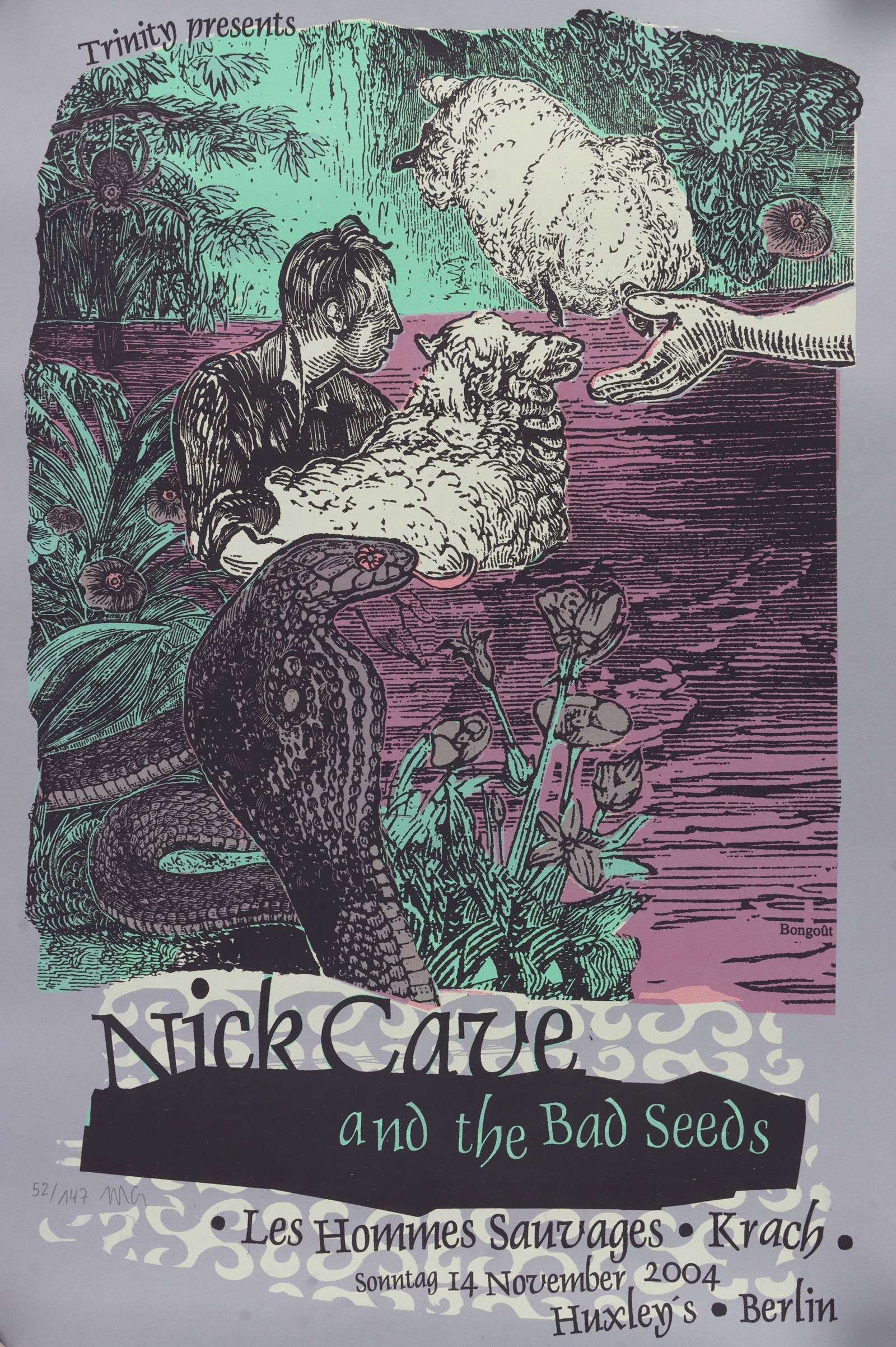 NICK CAVE & THE BAD SEEDS ART PRINT CONCERT POSTER: Bongout produced poster for Nick Cave and the Bad Seeds, performing at Huxley's in Berlin, Germany. Signed. Numbered 52/147. 18 X 25.5 inches. Very good, original condition. This lot has a reserve.