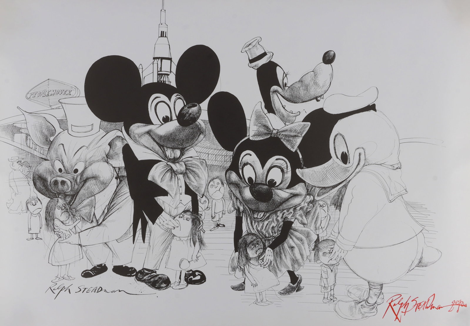 RALPH STEADMAN SIGNED DISNEYLAND PRINT: The image recreates a classic Steadman image from a brilliant pen and ink drawing made by Ralph on visiting Disneyland in California in the early 1970's. It measures 18.5 X 26 inches. This lot has a r
