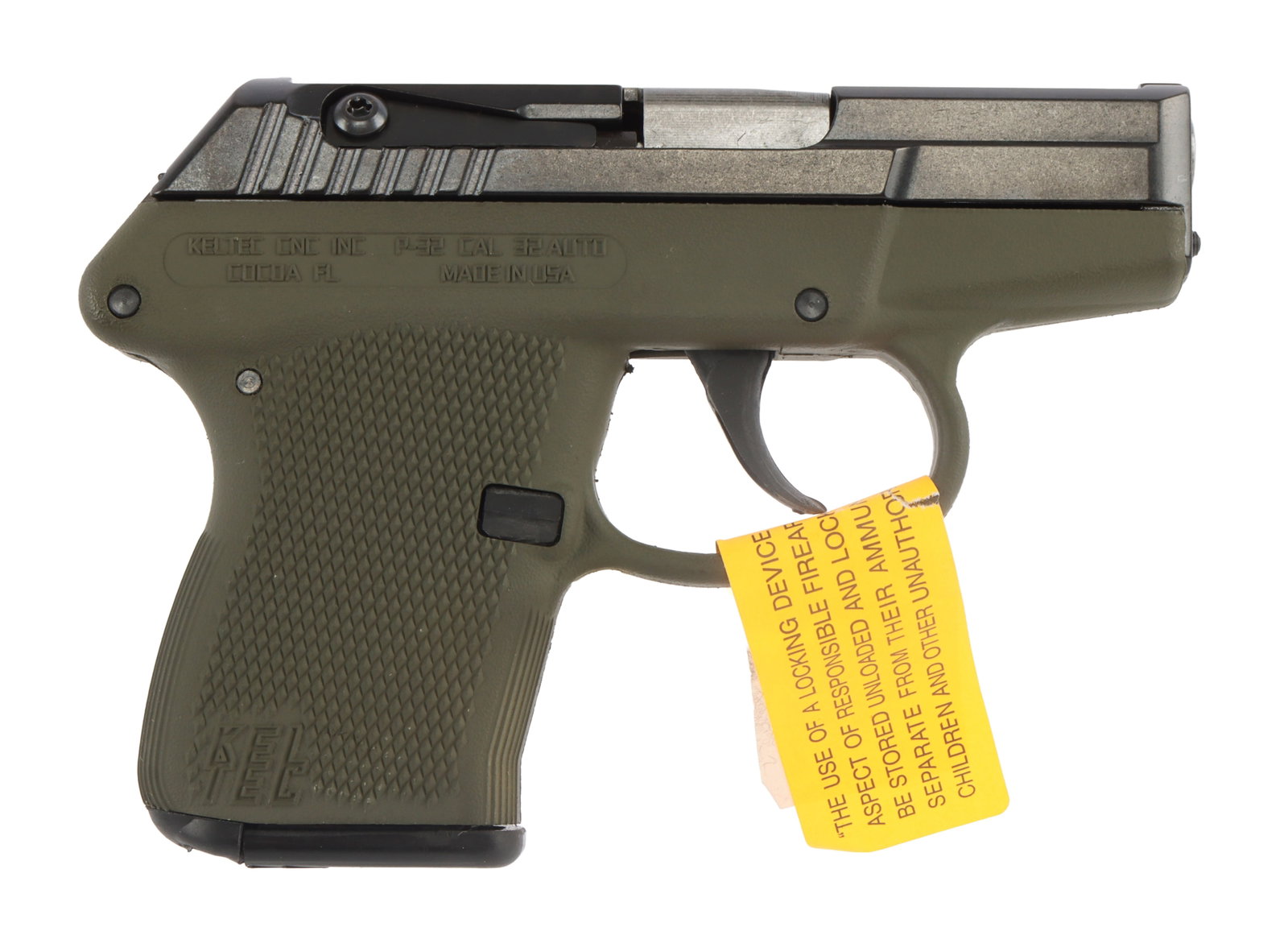 KELTEC P-32 .32 ACP DEEP CONCEALMENT PISTOL NIB: New in box KelTec P-32 semi-automatic concealed carry pistol, ODG/blued finish. Capacity 7+1 rounds. Includes one (1) magazine and zipper pouch. FFL required for transfer. No international shipping. K