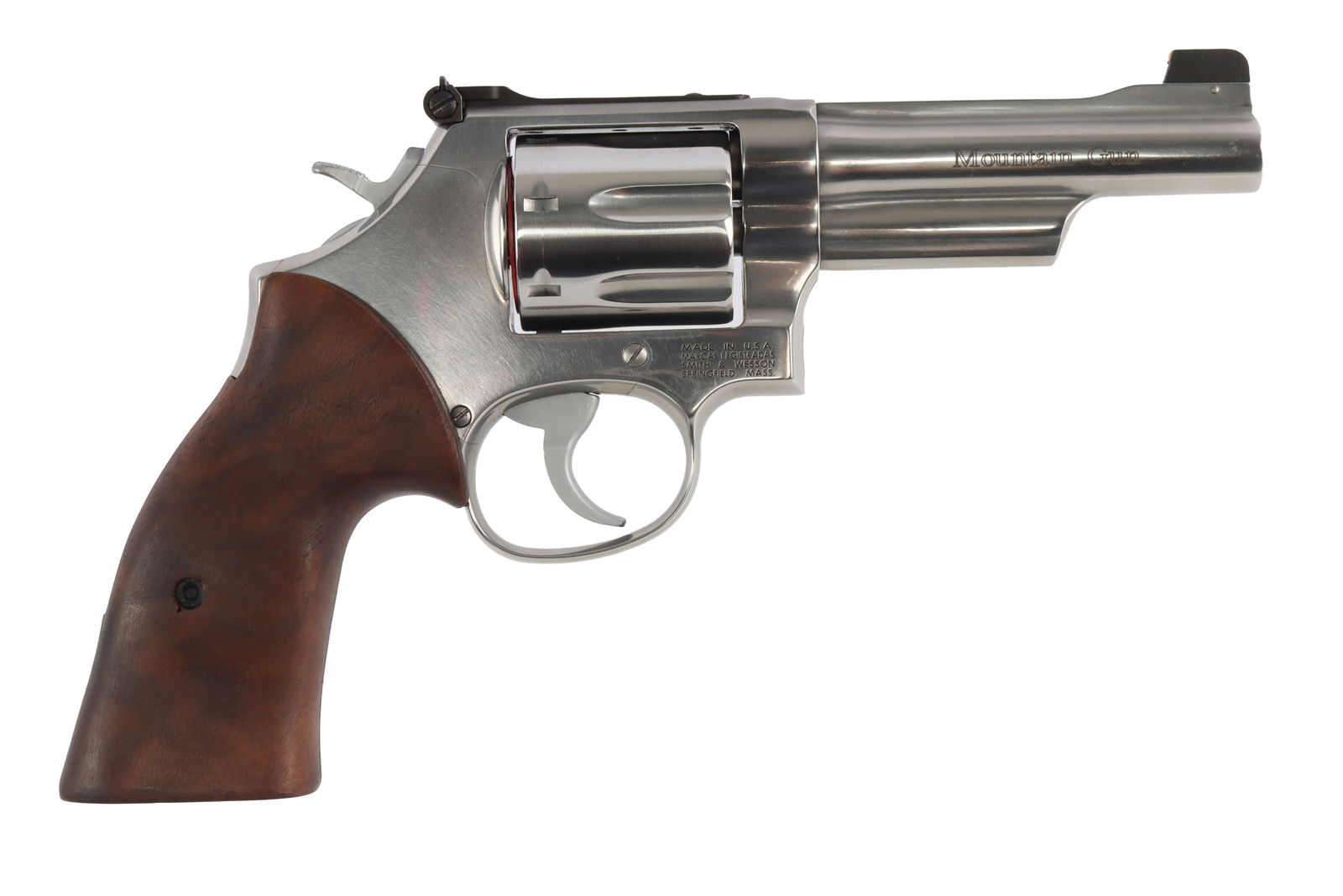 SMITH & WESSON 686 MOUNTAIN GUN .357 MAG REVOLVER: New in box Smith & Wesson 686 Mountain Gun double-action revolver. All stainless steel construction with tapered 4-inch barrel, 7-round capacity, adjustable rear sight, patridge-style front sight with