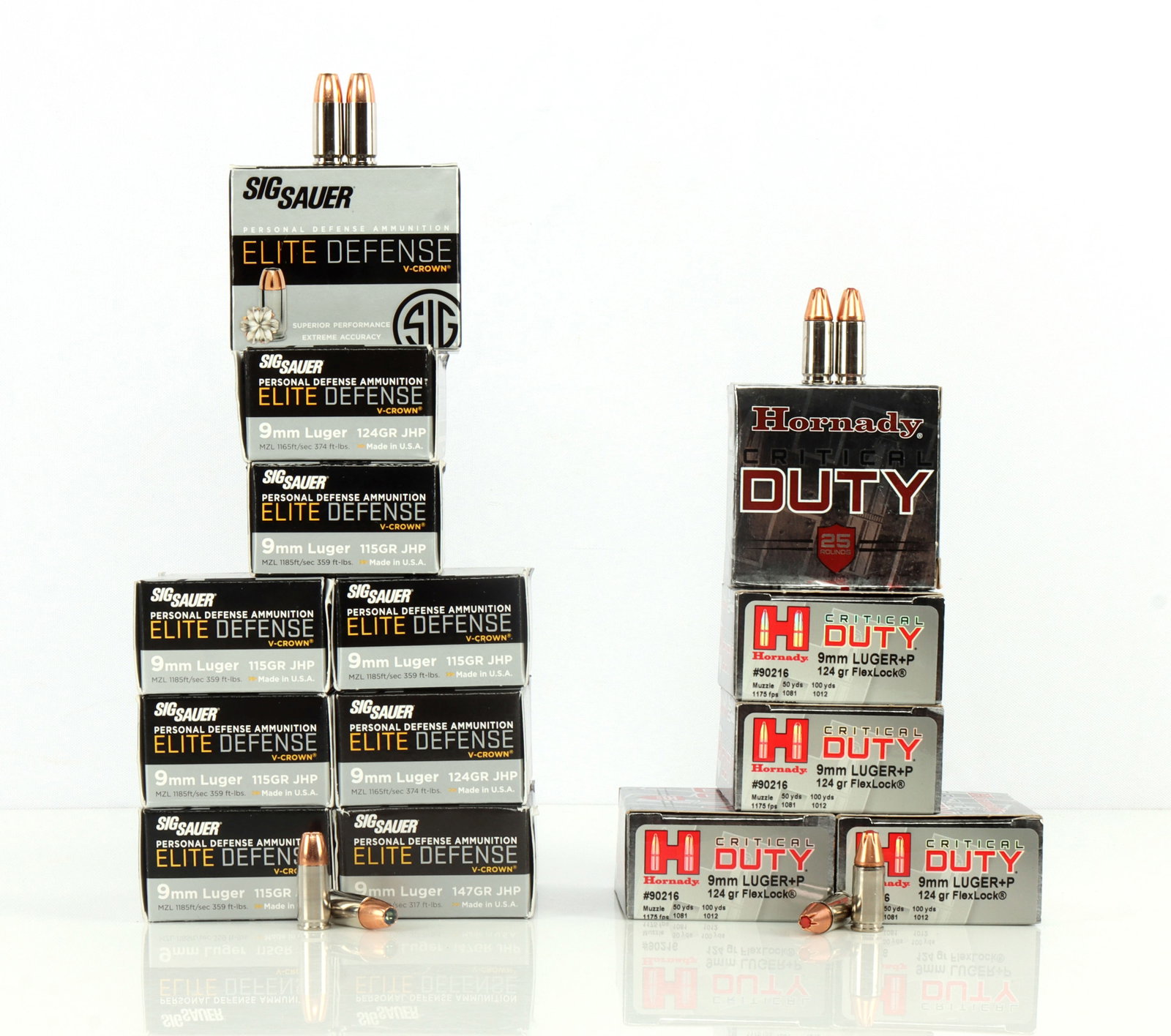 305 ROUNDS OF 9MM LUGER HORNADY SIG SAUER: 305 rounds of 9mm Luger. 1) Five boxes of Hornady Critical Duty 9mm Luger+P 124 grain flexlock. 2) Nine boxes of Sig Sauer Elite Defense V-Crown 9mm Luger 124 grains. Very good, original condition.