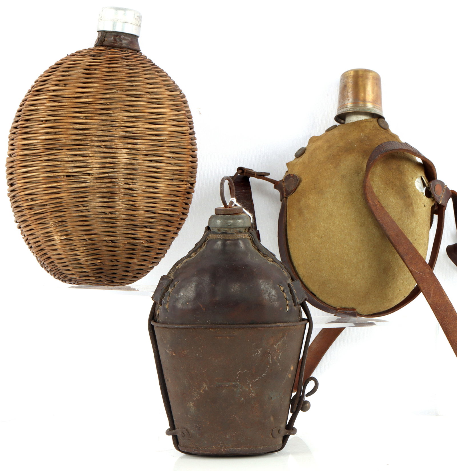 3 ANTIQUE CANTEEN LOT BAVARIA JAPAN BULGARIA: Lot of 3 different canteens, WWII Japan with unusual 2nd cup, Bulgarian WWI with wicker over aluminum, Bavarian very early 1840's, reputedly in Osprey Book.