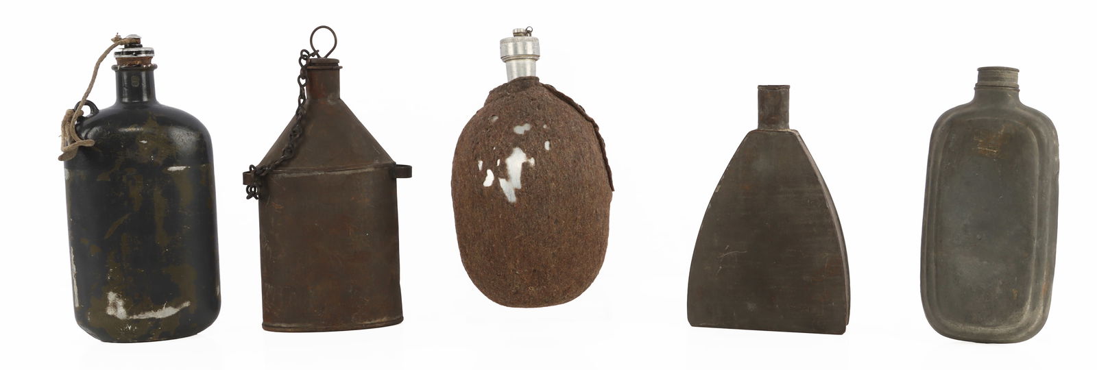 5 CANTEEN FLASK LOT SWISS AND OTHERS: The covered one is Swiss, balance are unidentified, and may be powder flasks, 3 have stoppers, 7 to 8 inches.