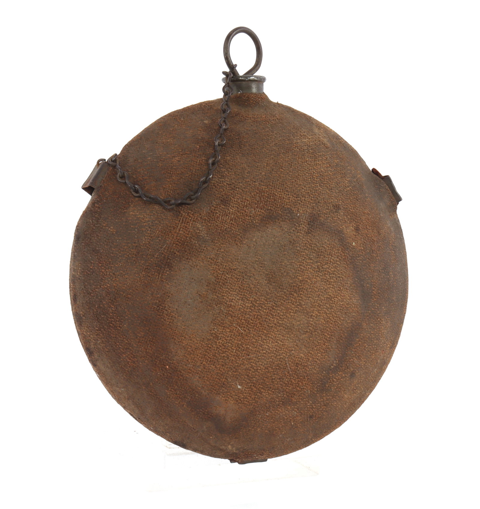 US CIVIL WAR EARLY M1858 SMOOTH SIDE CANTEEN: Early Civil War New York Arsenal smooth side canteen with remnants of the leather strap. The cloth cover, jack chain, and 1.5-inch cork stopper is intact. The cork stopper is split. 8-inch diameter. V