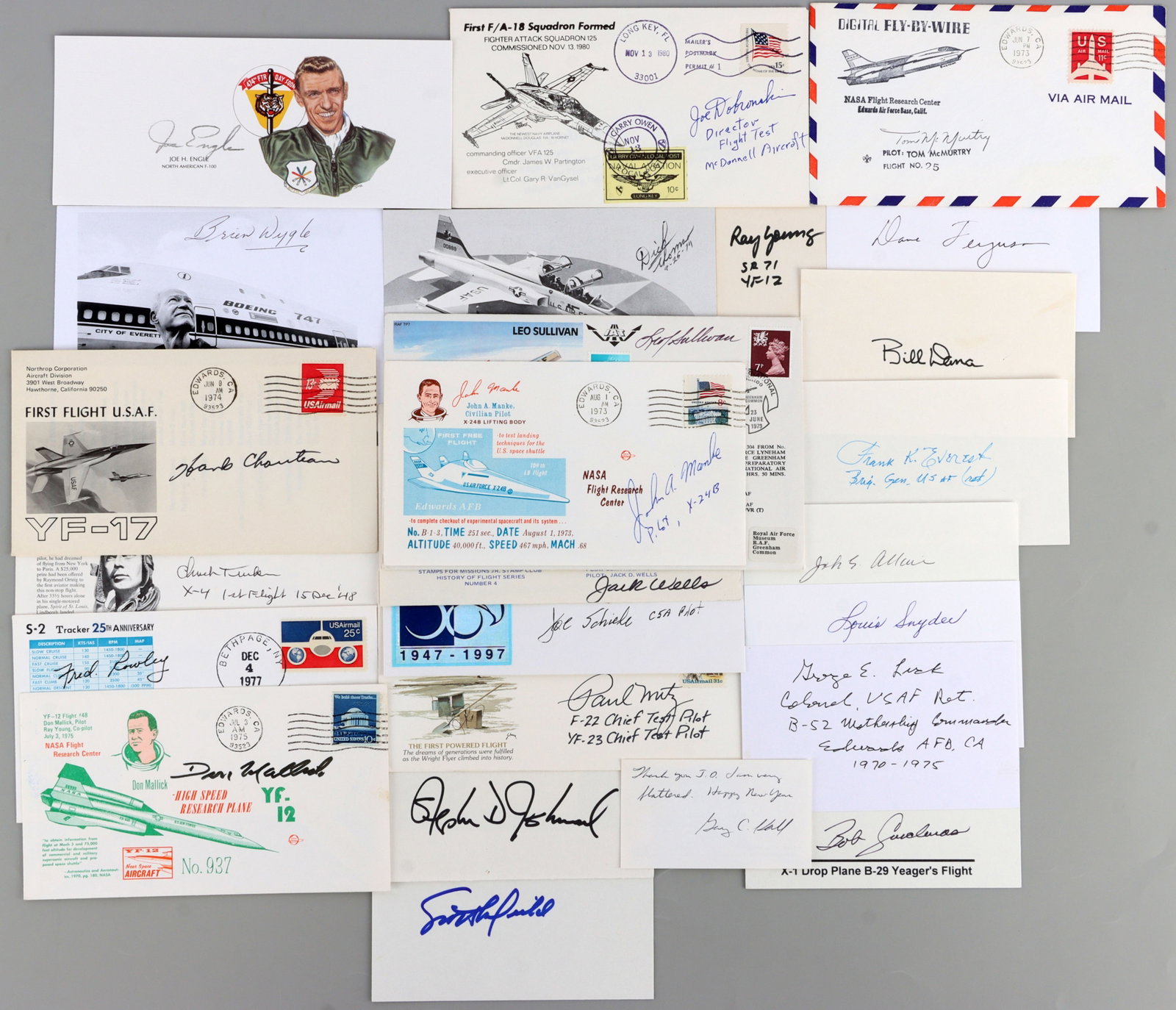 25 TEST PILOT AUTOGRAPHS SIGNED CARDS LOT OF 25: Twenty-five signatures from American test pilots. Includes Joe Engle, Jack Allavie, Frank Everest, Louis Snyder, John Manke, Fred Rowley, Tom McMurtry, Jack Wells,