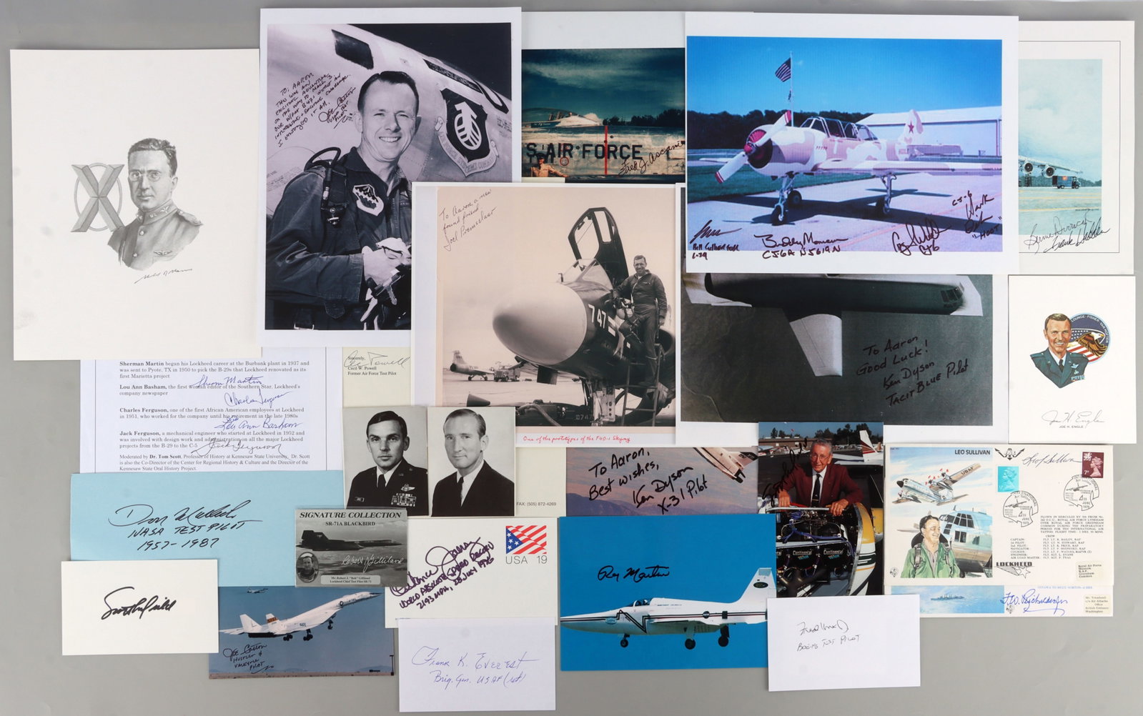 25 TEST PILOT AUTOGRAPHS SIGNED CARDS LOT OF 25: Twenty-five signatures from American test pilots. Includes Frank Everest, Scott Crossfield, Joe Engle, Sherman Martin, Ken Dyson, Fred Ascani, Ken Dyson, Cecil Powell, and others. One signature is a f