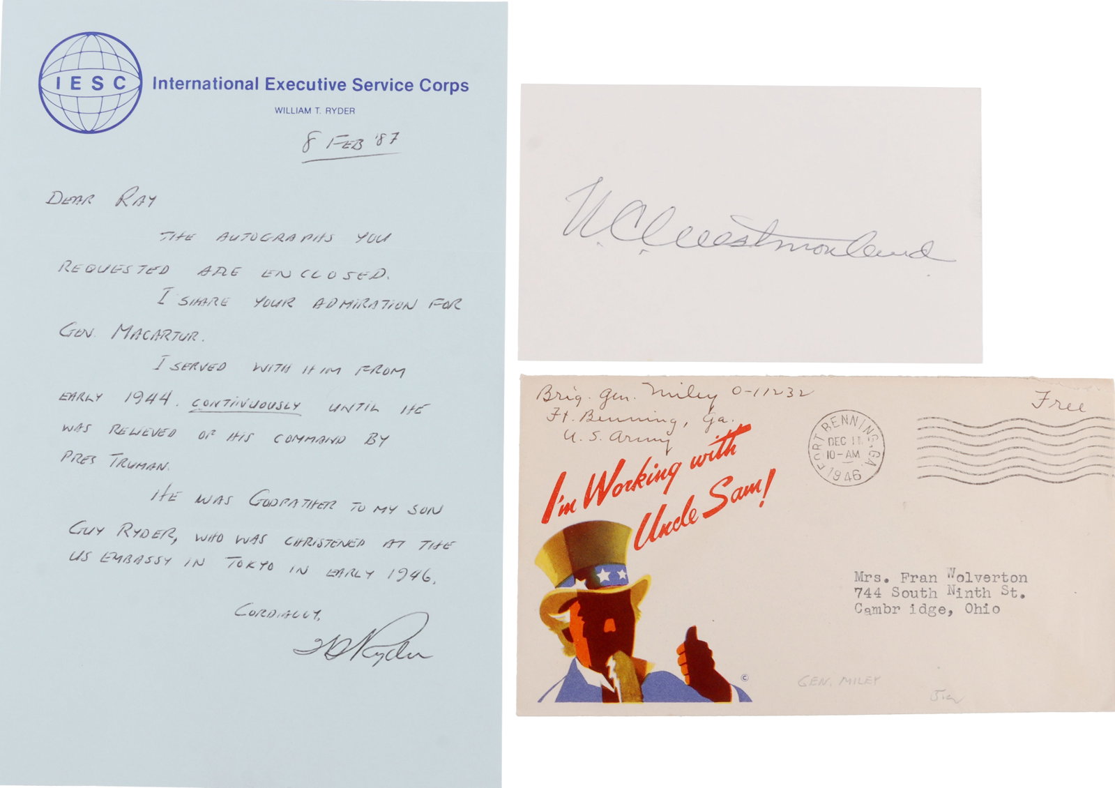 LOT OF 3 US MILITARY GENERALS WILL RYDER BUD MILEY: Signatures include William T Ryder, William Childs Westmoreland, and General William M. Miley.