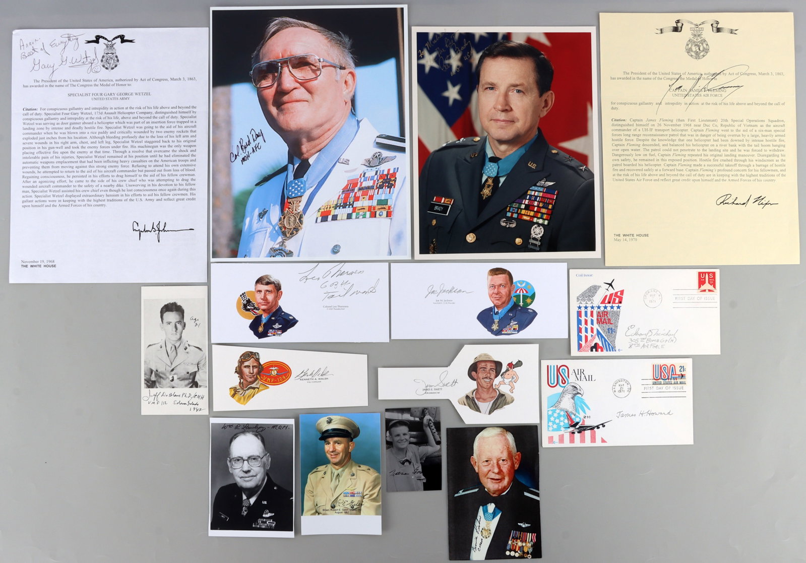 US WWII & VIETNAM MEDAL OF HONOR WINNERS LOT OF 15: A broad selection of Medal of Honor aviators from WWII and Vietnam. Includes Robert Galer, James Swett, Kenneth A. Walsh, Joe M. Jackson, James Howard, Edward S. Michael, Leo Thorsness, and others. Ve