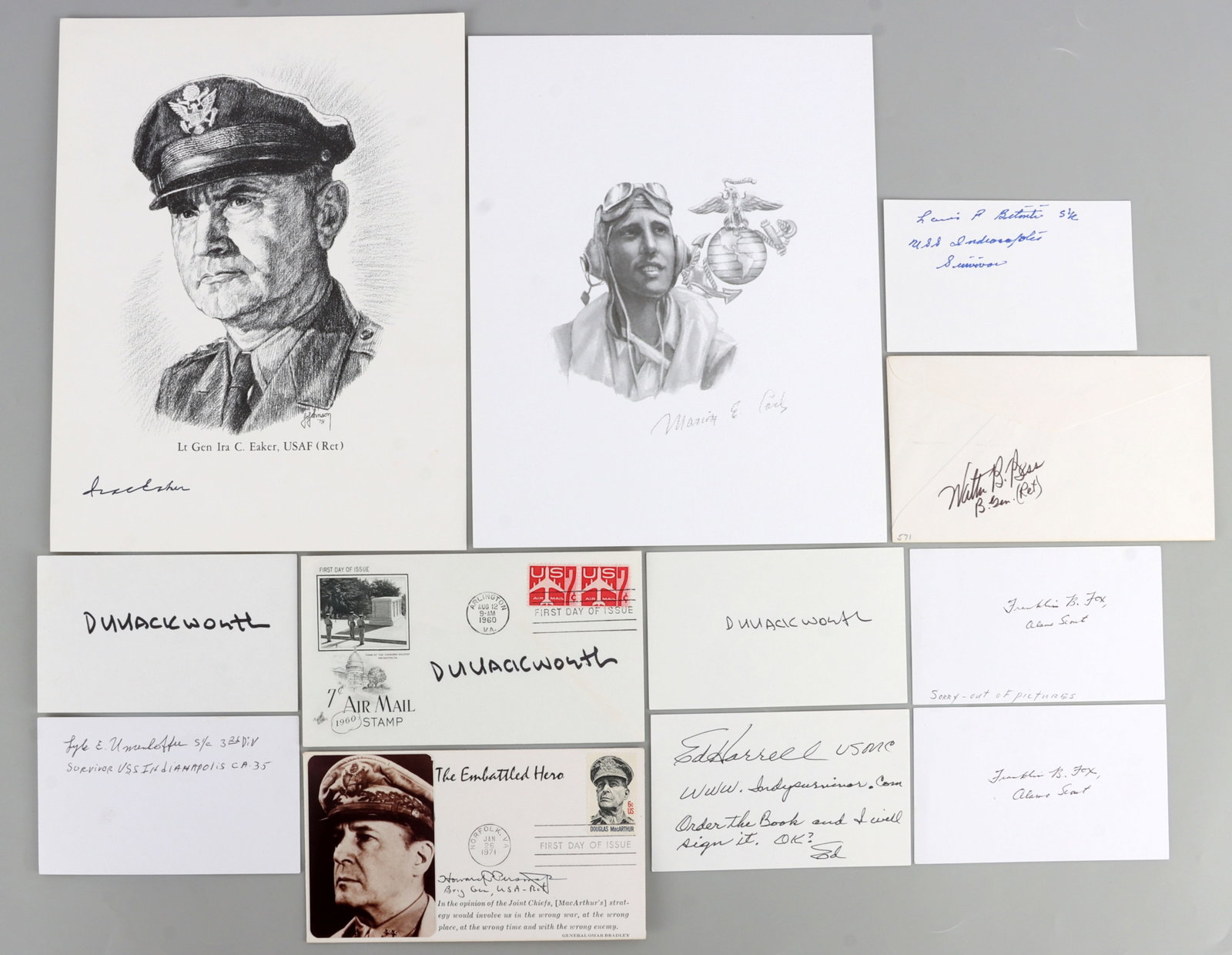 WWII US ASSORTED SIGNATURES ALAMO INDIANAPOLIS: Signatures include WWII Pacific ace Marion Carl, WWII 8th Air Force commander Ira Eaker, D. H. Hackworth, two Alamo Scouts, and three Indianapolis survivors.