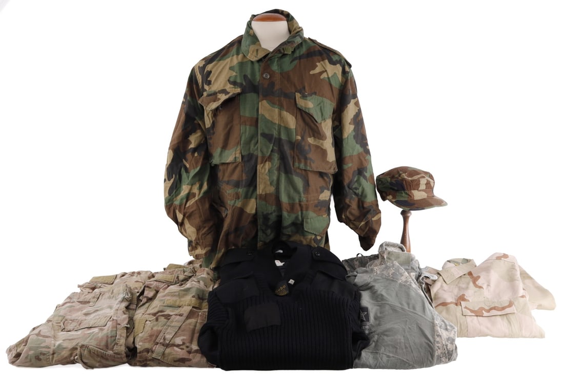 US ARMY CAMOUFLAGE COMBAT UNIFORM LOT BIG VARIETY: The tops are generally a large or medium regular, jackets are 40 long or medium regular. All are fairly new with minimal use. Trousers are size waist 31 to 35 inches, inseam 29 to 32 1/2.