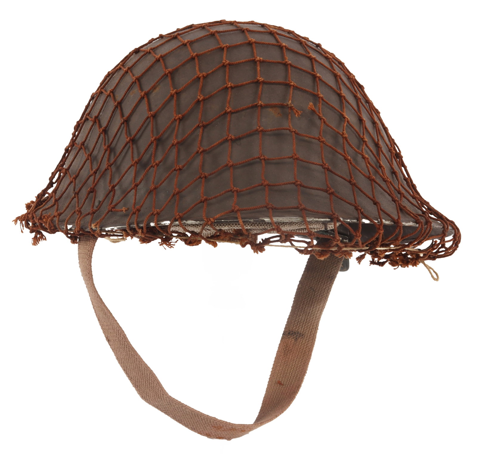 WWII BRITISH MK III STEEL COMBAT HELMET WITH NET: British MK III steel combat helmet with liner, chinstrap and camouflage netting. Interior stamped "RO & CO FS 4 1945." Chinstrap has broad arrow and 1945 date mark. Very good condition. Chinstrap miss