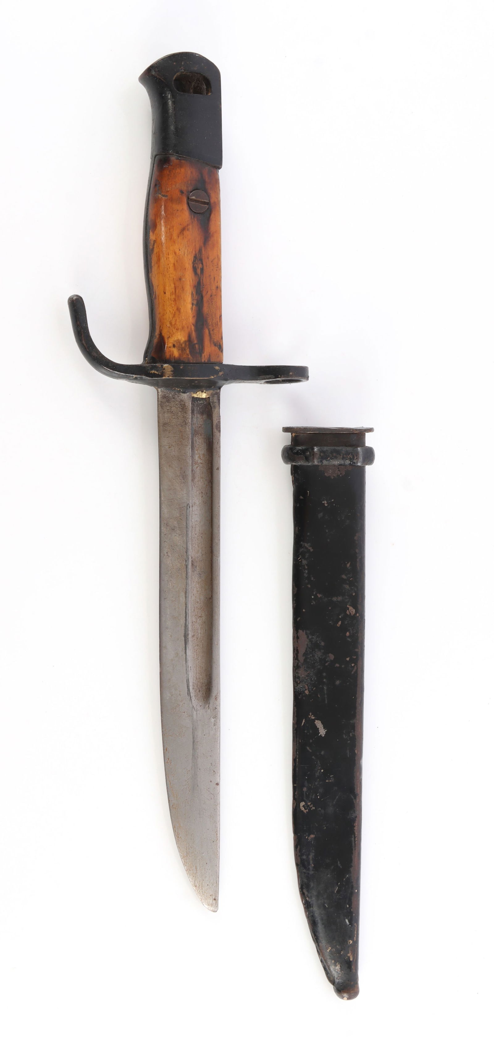 WWII IMPERIAL JAPANESE ARISAKA BAYONET: Ground down bayonet. Wood grips, steel scabbard. No maker's mark. It measures 12 1/4 inches.