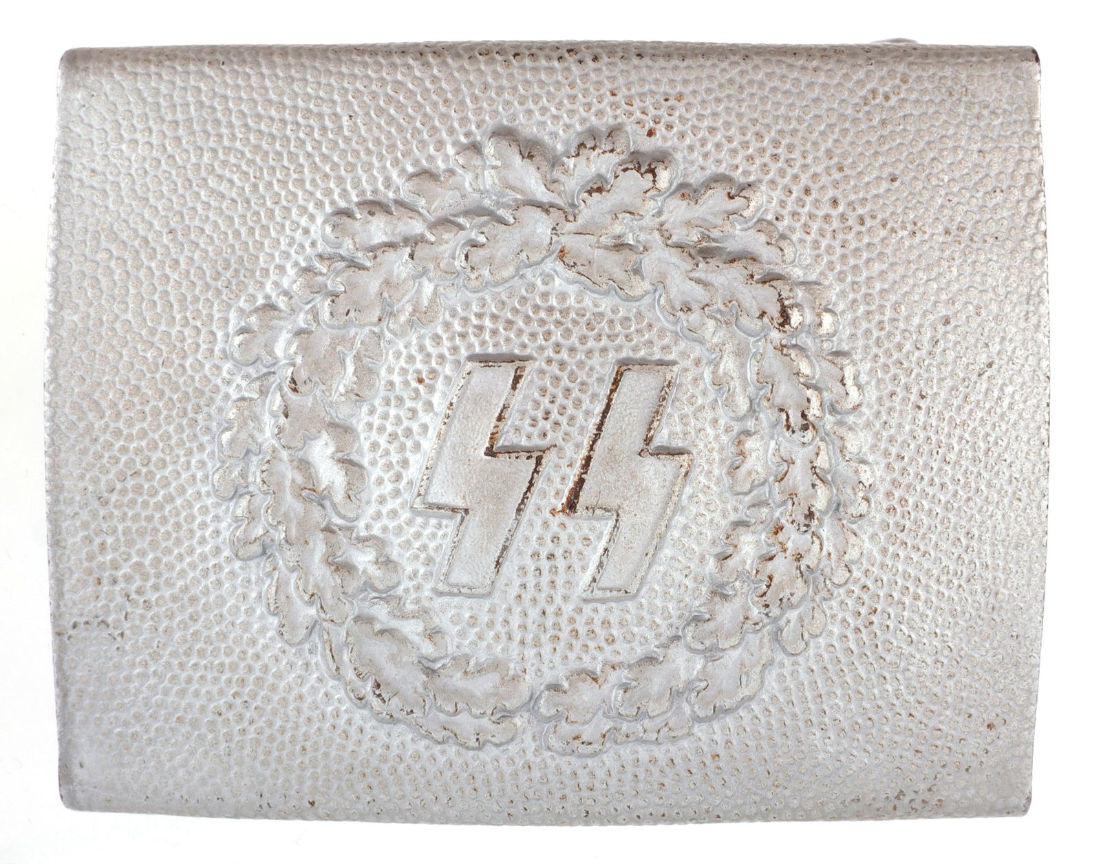 WWII GERMAN REICH SS BELT BUCKLE: SS runes encircled in oak leaf wreath. Magnetic. Measures 2 3/8 inches. Unauthenticated, sold as is.