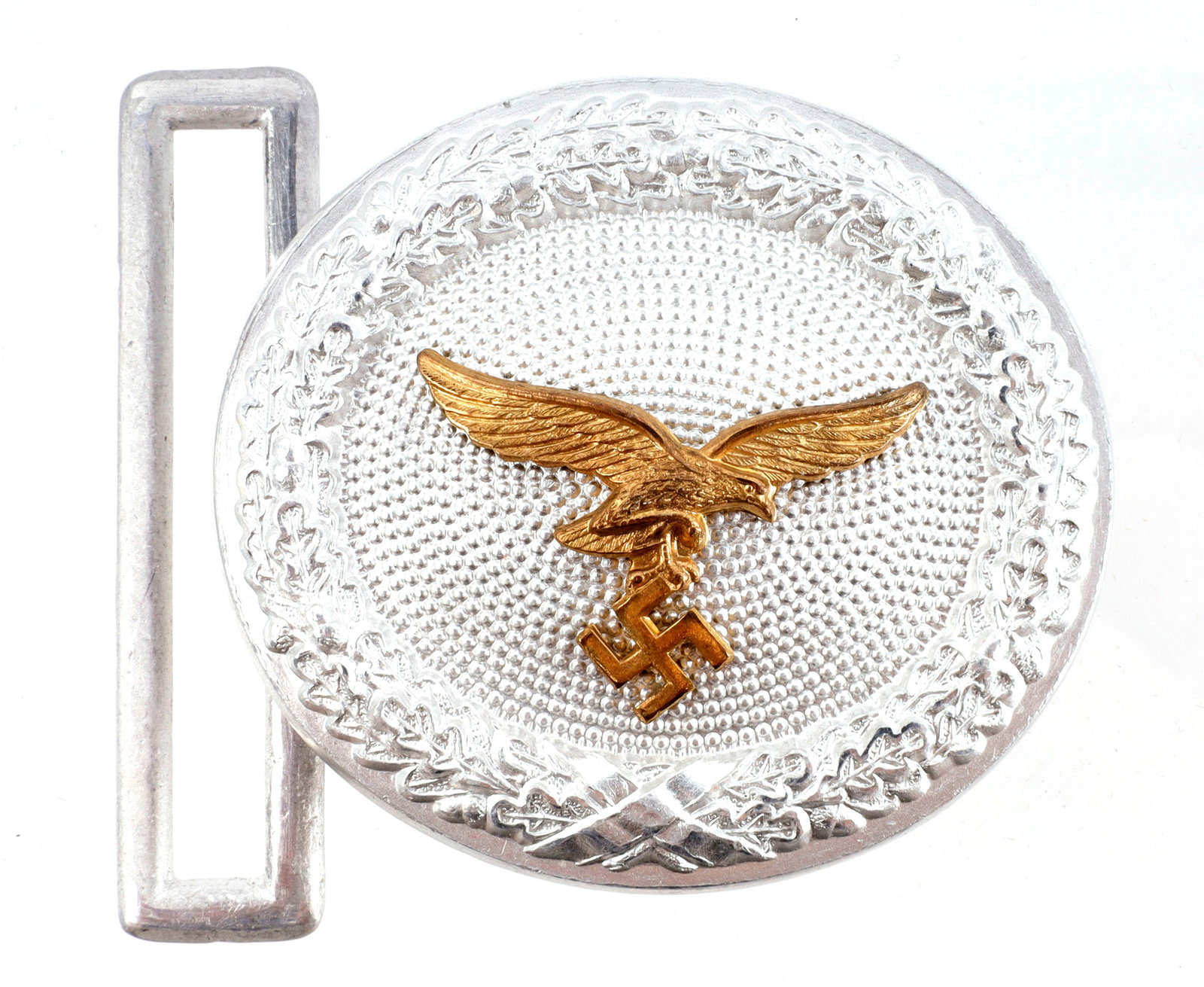 WWII GERMAN THIRD REICH LUFTWAFFE BELT BUCKLE: Gilt brass eagle on aluminum belt buckle. No maker's mark on reverse. It measures 2 1/16th inches without clasp. Unauthenticated, sold as is.