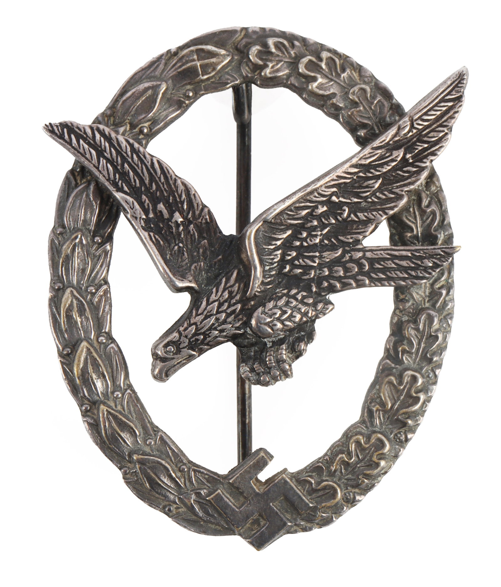 WWII GERMAN REICH RADIO OPERATOR BADGE: Brass construction with silver finish. Missing clasp. Comes in case. Appears to be post war.