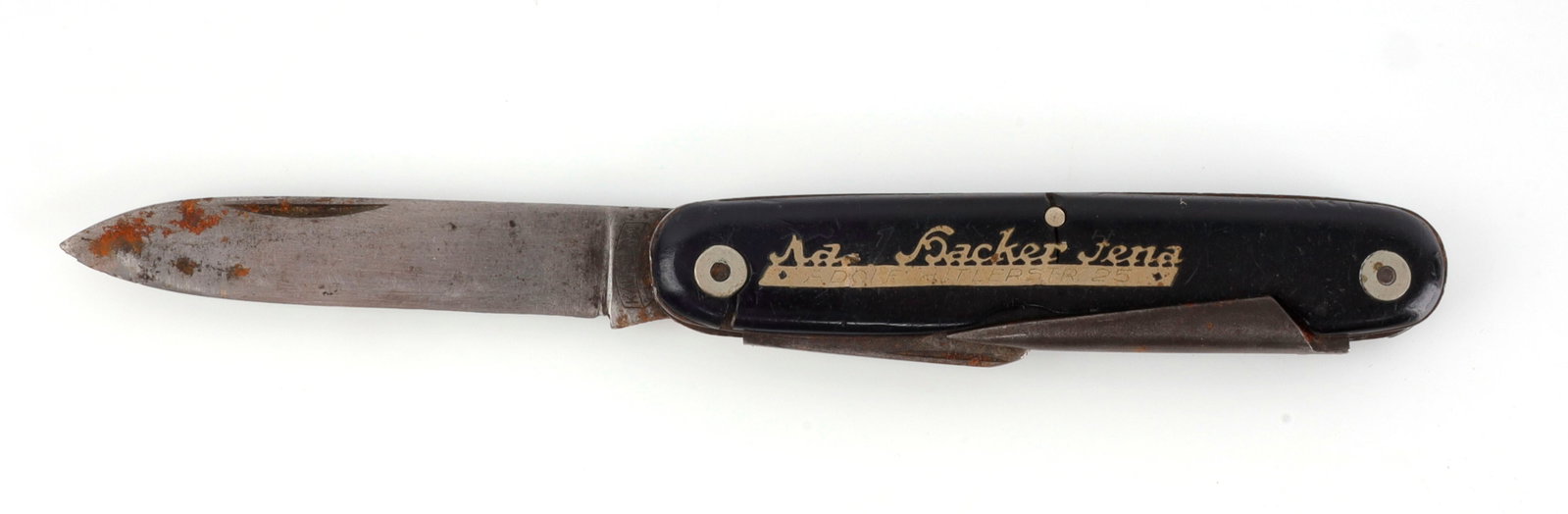 WWII GERMAN ADOLF HITLER POCKET KNIFE: Appears to be a Karl Backer make. Oxidation featured on blades. It measures 4 inches closed.