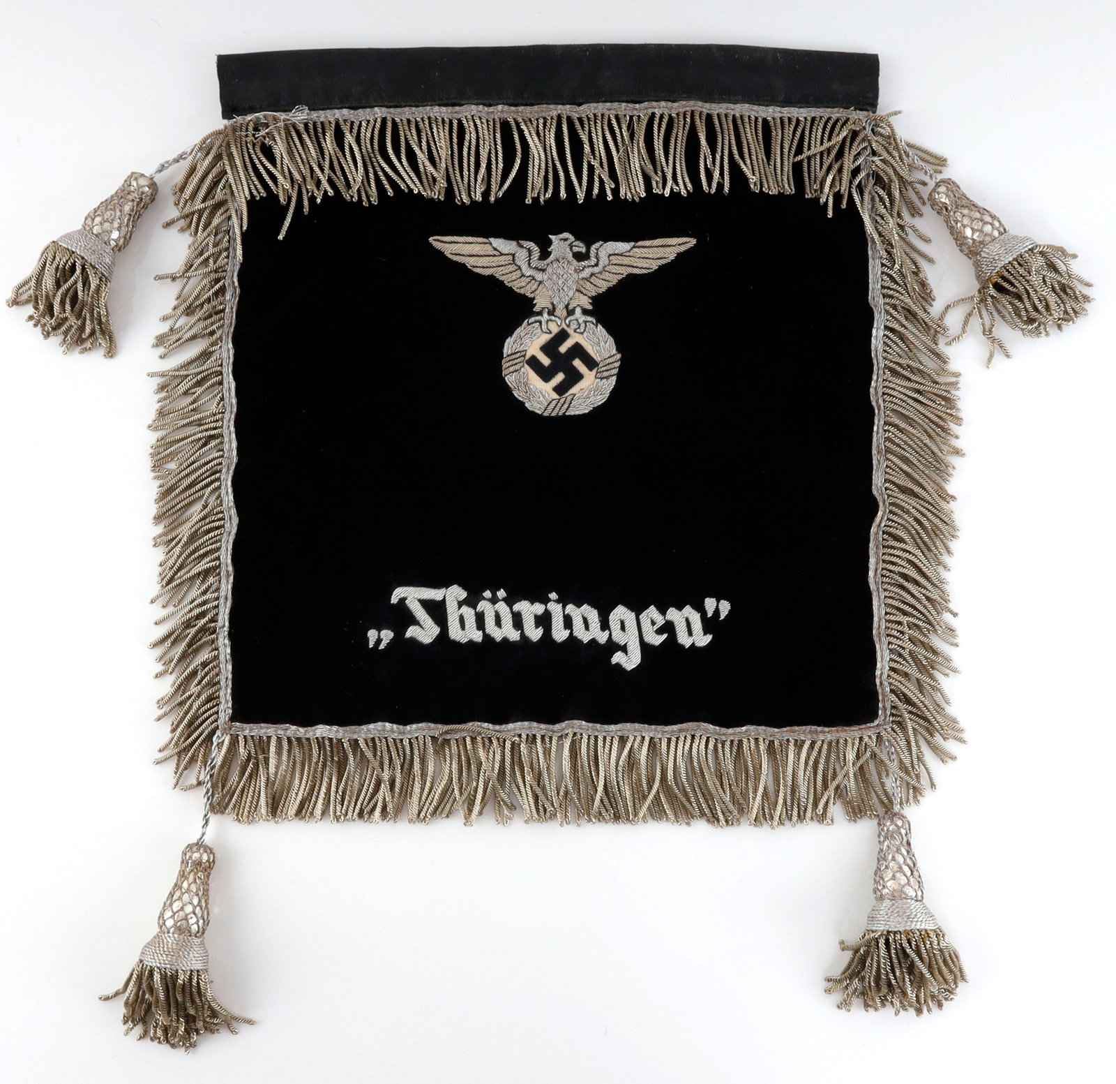 WWII GERMAN 3RD SS STANDARTE TRUMPET BANNER: SS Schellenbaum for SS 3rd Standarte Thuringen Regiment. Jingling Johnny type. Silver bullion border with bullion threaded skull and lettering. ON black velvet. Leather holder for trumpet. It measures