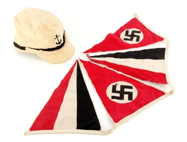 WWII GERMAN SWASTIKA PENNANTS & JAPANESE NAVY CAP