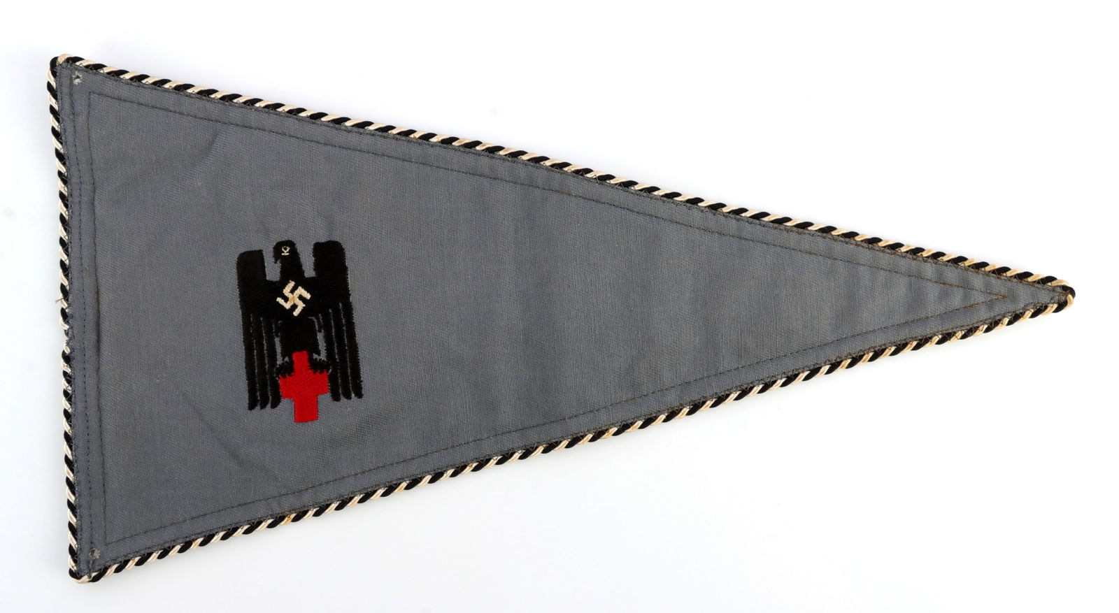 WWII GERMAN THIRD REICH DRK PENNANT FLAG: Alternating black and white trim with insignia. Double sided. It measures 14 1/2 inches. Mild staining. Unauthenticated, sold as is.