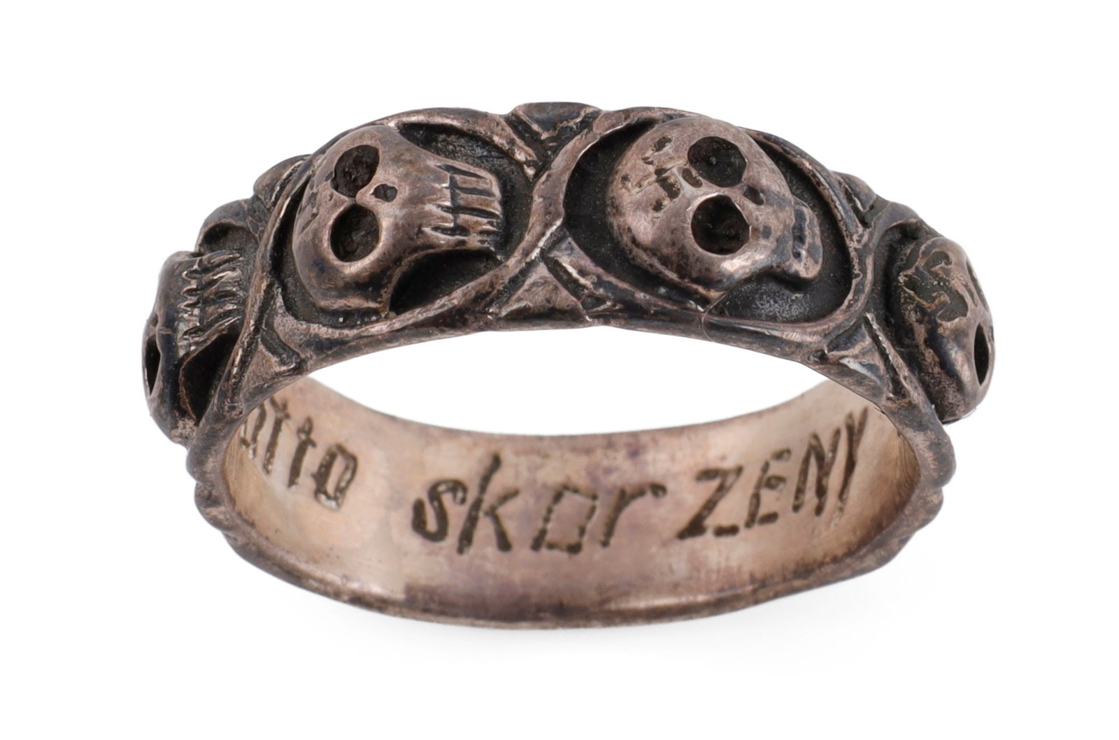 WWII GERMAN THIRD REICH SS HONOR RING: Silver plated ring with alternating Totenkopf. Engraved Otto Skorzeny 1936. Size 9 1/2. Unauthenticated, sold as is.