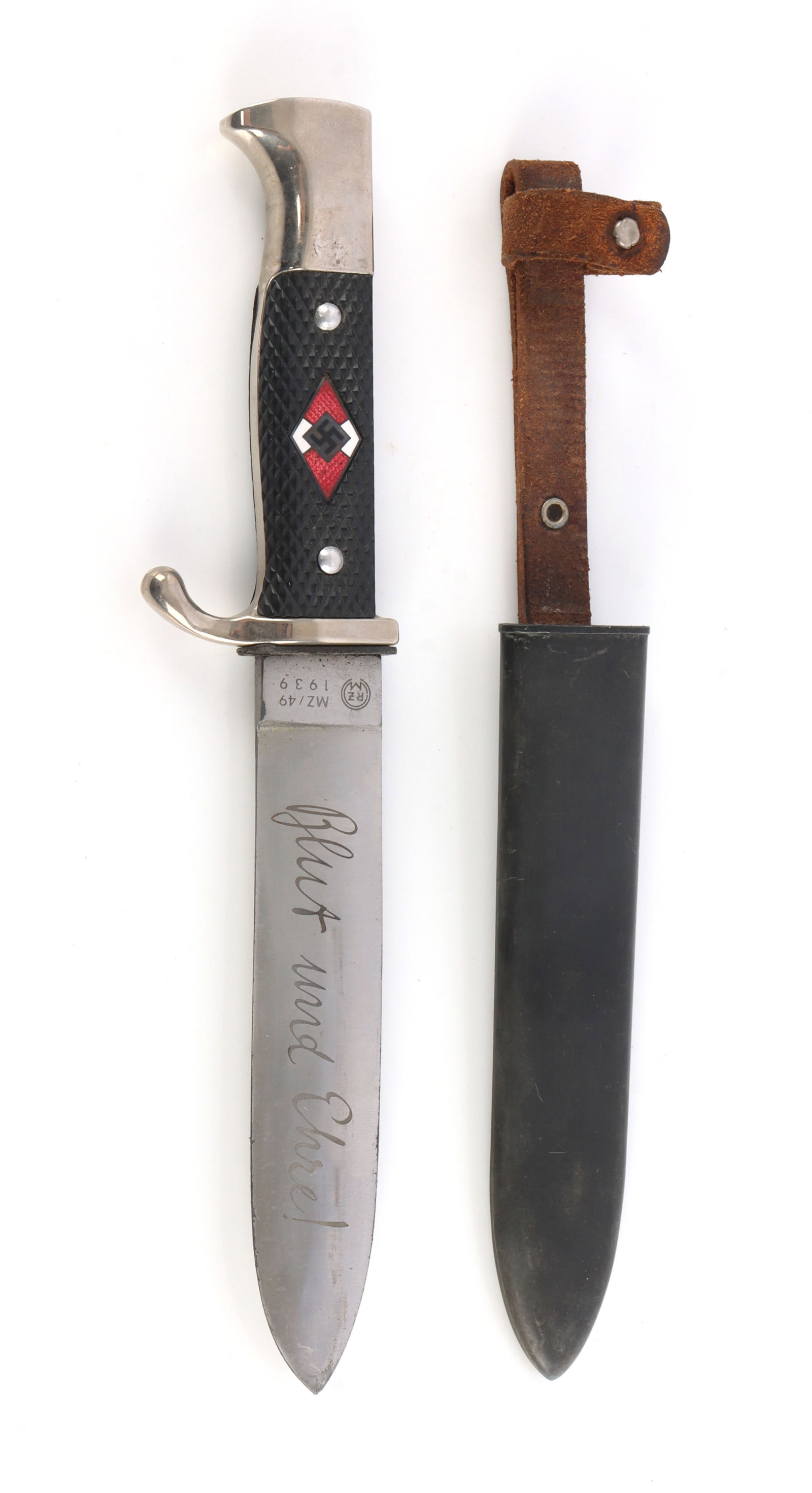WWII GERMAN THIRD REICH HITLER YOUTH KNIFE: Standard style with etched blade. Marked RZM MZ/49 and 1939. Checkered grips with inlaid diamond. Very good condition. Contemporary.