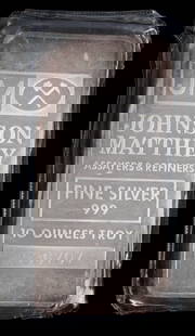 10 TROY OUNCE .999 SILVER BULLION BAR: 10 troy ounce silver bullion bar from Johnson Mathey Assayers and Refiners. This lot reserved at melt.