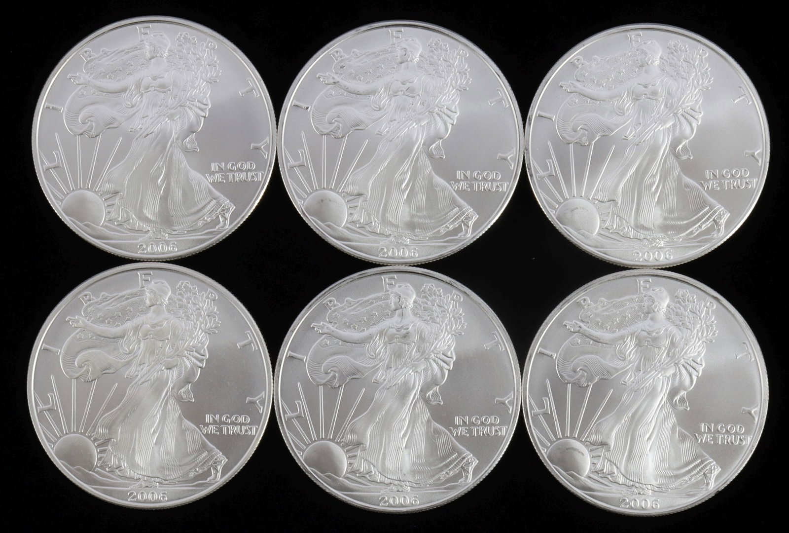 6 2006 1 OZT OUNCE SILVER AMERICAN EAGLE BU COINS: Bri9lliant uncirculated This lot reserved at melt.
