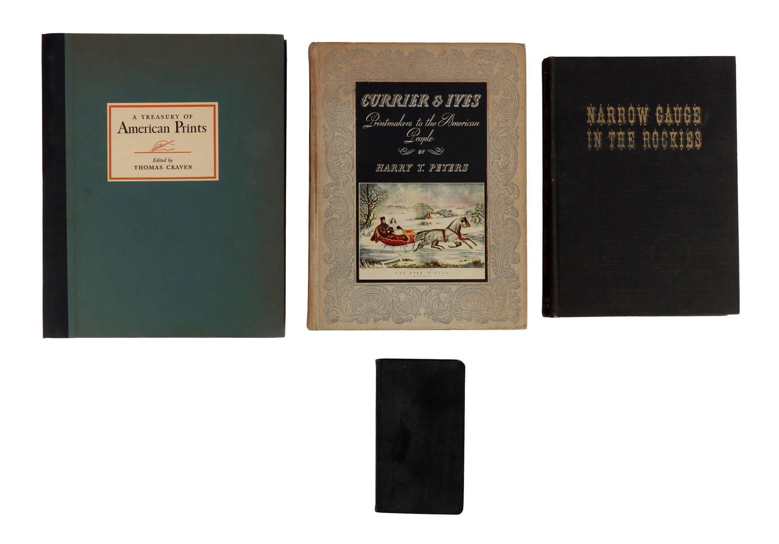 CURRIER IVES TREASURY OF AMERICAN PRINTS NARROW: 4 Book lot Treasury of American Prints 1939, Thomas Craven, 100 Etchings and Lithograph prints, Narrow Gauge in the Rockies, 1958, Currier & Ives, 1942, and Standard Manual for Funeral Occasions, 1953