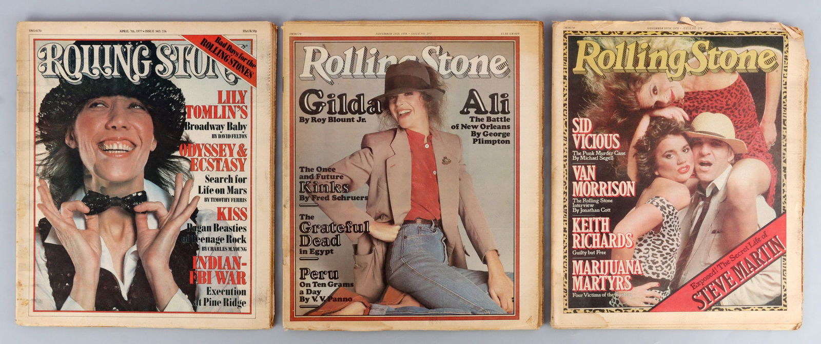ROLLING STONE CLASSIC COMEDY 1970S LOT OF 3: Three issues of Rolling Stone magazine from 1977 and 1978, each with a cover featuring a classic comedian: Steve Martin, Lily Tomlin, and Gilda Radner. Very good, original condition.