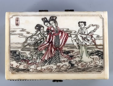ANTIQUE ASIAN BONE SCRIMSHAW TRINKET BOX