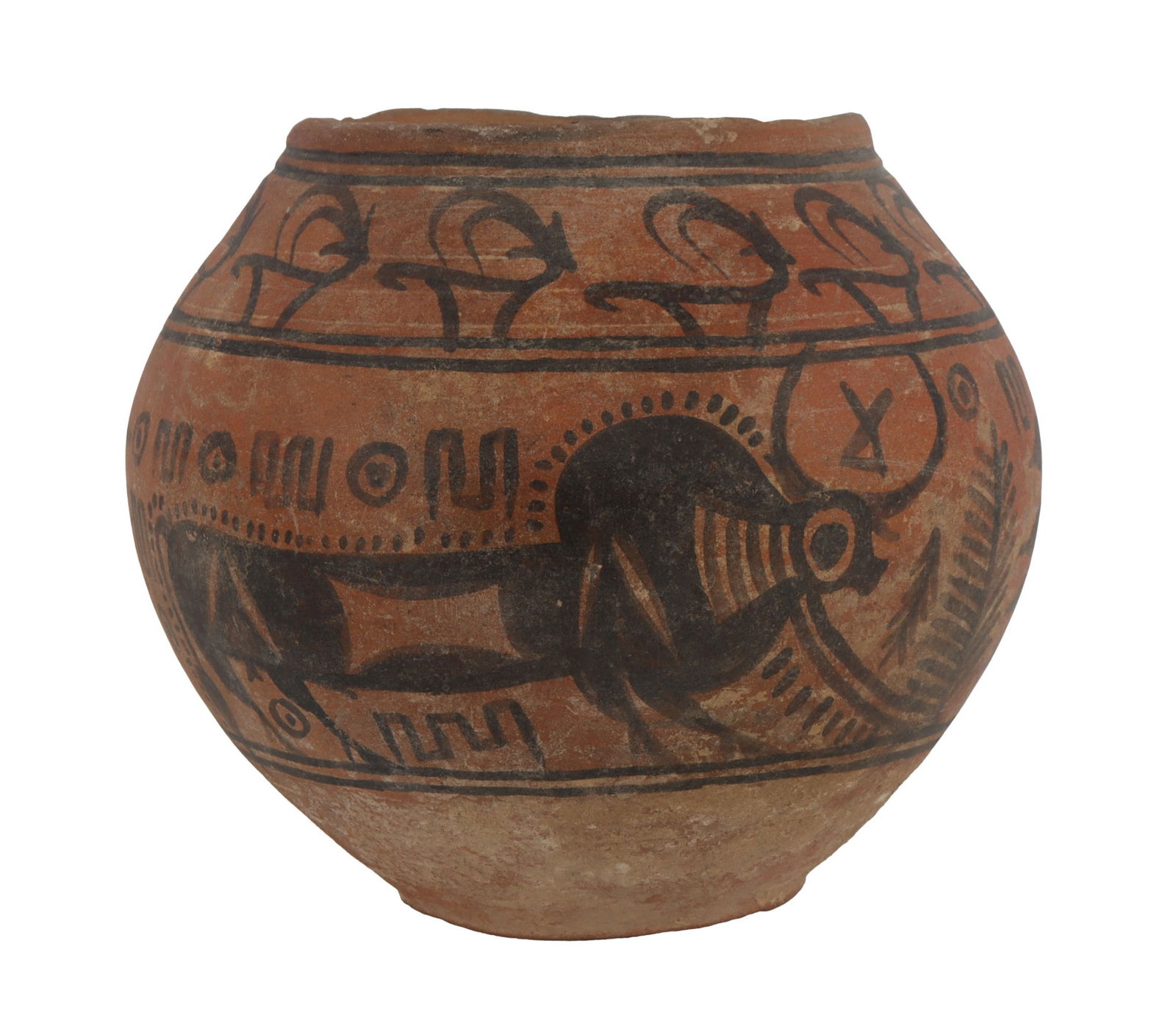 INDUS VALLEY IRAN COW & PLANT JAR ARTIFACT: A jar with imagery from both the ancient Indus Valley civilization and ancient Persian civilization. Undetermined age, possibly a recent reproduction. Depicts cows, plants, and other animals. 6 inch d