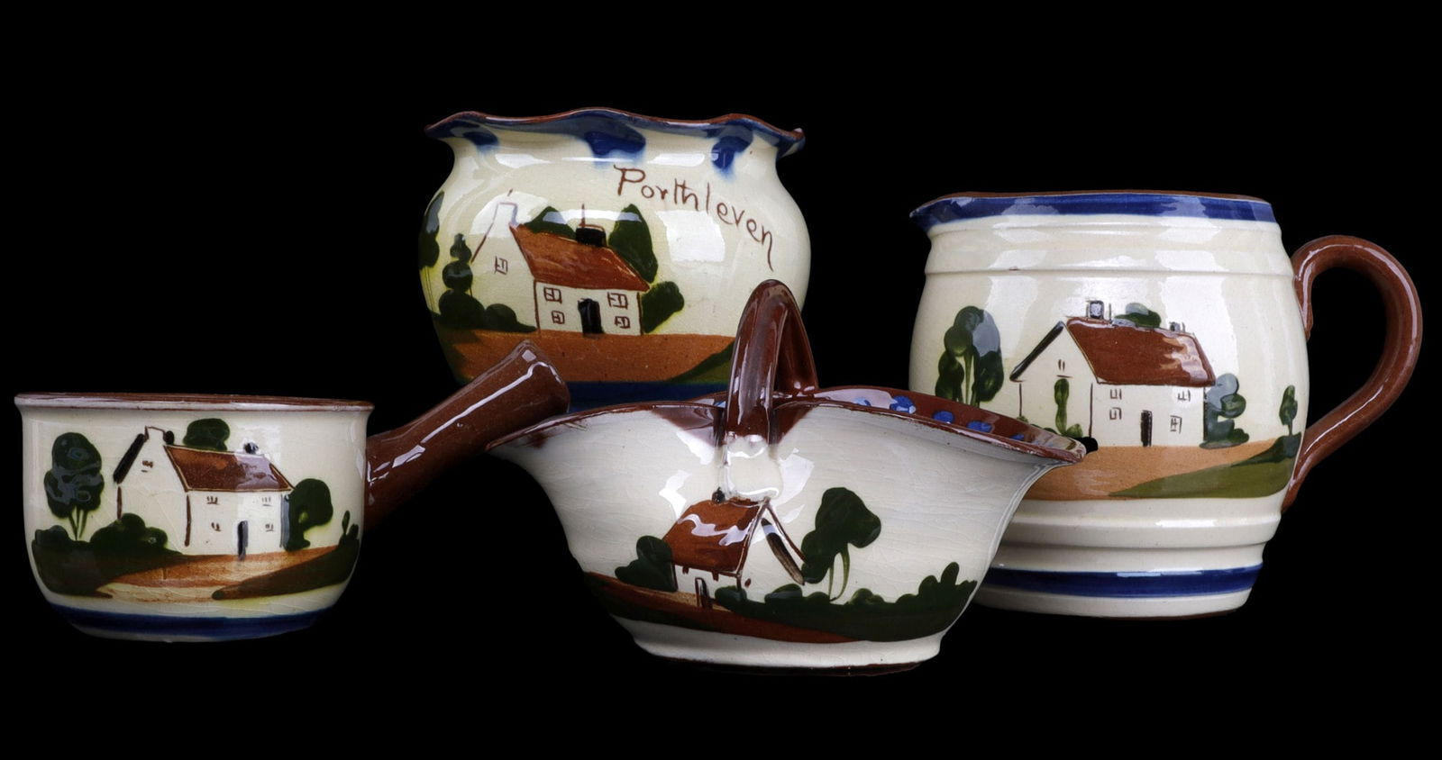 BRITISH TORQUAY WARE POTTERY LOT OF 4 MOTTO: Four Torquay were pottery pieces, each with a motto. Very good, original condition.