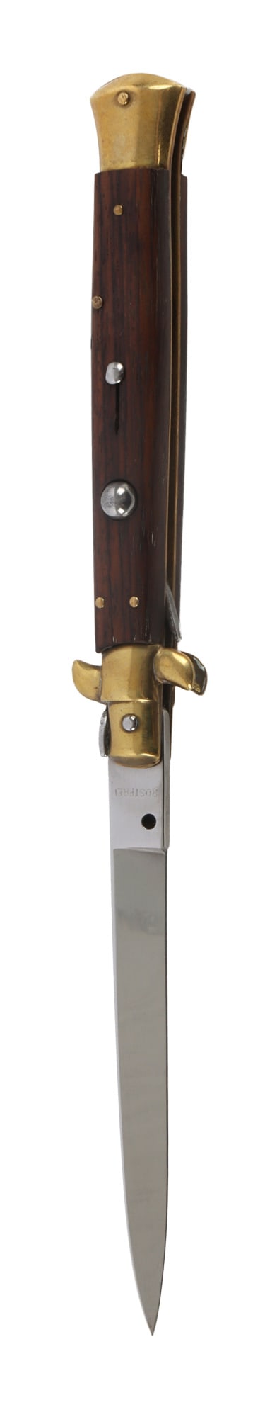 GERMAN ROSTFREI STILETTO SWITCH BLADE: A German made stiletto switch blade, marked Rostfrei. Wood grain handle. 5 inch blade. Very good, original condition.
