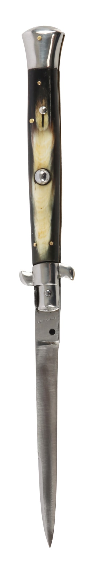 GERMAN ROSTFREI STILETTO SWITCH BLADE: A German made stiletto switch blade, marked rostfrei but the marking is mostly worn off. Buffalo or cow horn handle. 5 inch blade. Very good, original condition.