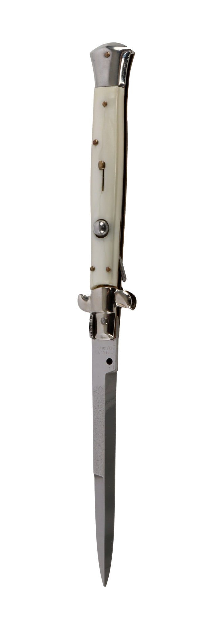 ITALIAN STILETTO SWITCH BLADE AUTOMATIC KNIFE: An Italian made stiletto switch blade, unmarked. Pearl opalescent handle. 5 inch blade. Very good, original condition.