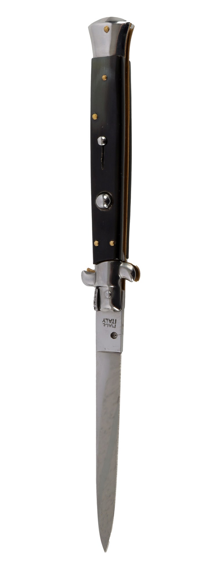 ITALIAN STILETTO SWITCH BLADE AUTOMATIC KNIFE: An Italian made stiletto switch blade, unmarked. Buffalo or cow horn handle. 5 inch blade. Very good, original condition.