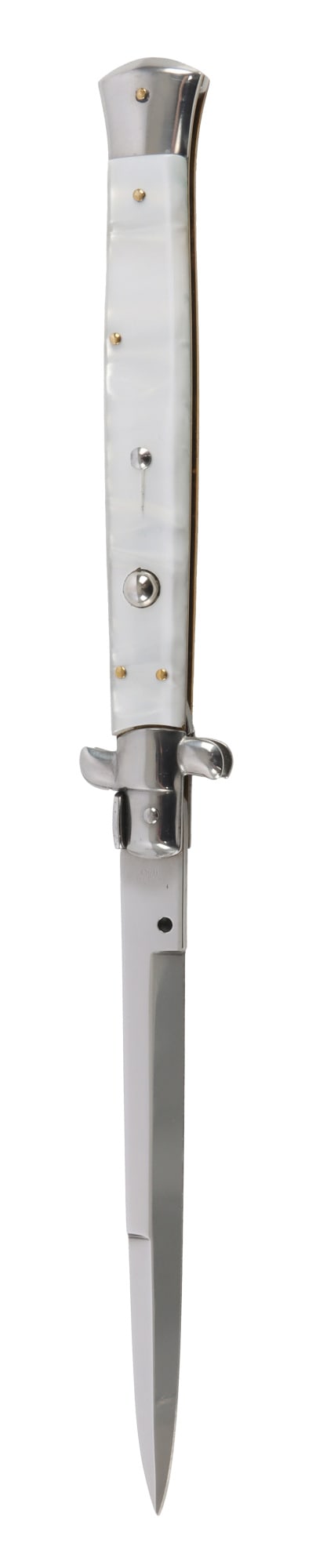 ITALIAN STILETTO SWITCH BLADE AUTOMATIC KNIFE: An Italian made stiletto switch blade, marked Stiletto. White pearlescent handle. 6 inch blade. Very good, original condition.