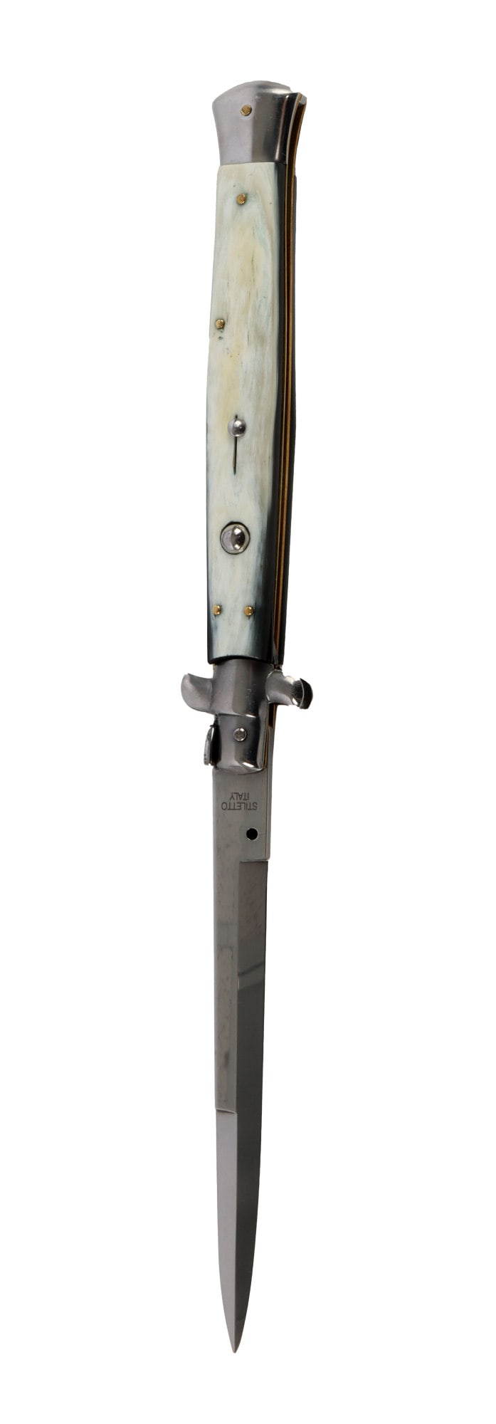 ITALIAN STILETTO SWITCH BLADE AUTOMATIC KNIFE: An Italian made stiletto switch blade, marked Stiletto. Buffalo or cow horn handle. 6 inch blade. Very good, original condition.