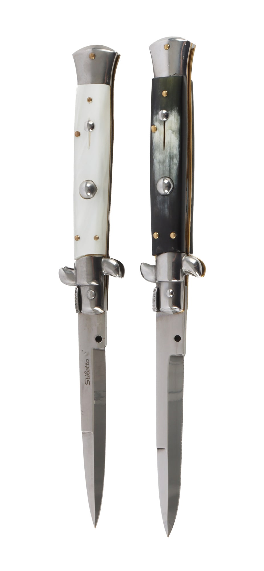 ITALIAN STILETTO SWITCH BLADE LOT OF 2: Two Italian stiletto blades. 1) Unmarked, pearlescent handle. 2) Marked 'Stiletto' and Italy, cow or buffalo horn handle. Both 4 inch blades. Very good, original condition.