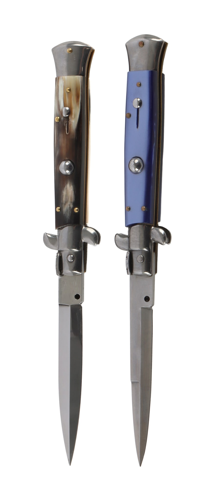 ITALIAN STILETTO SWITCH BLADE LOT OF 2: Two Italian stiletto blades. Both unmarked. One handle is blue opalescent, one is polished horn. 4 inch blades. Very good, original condition.
