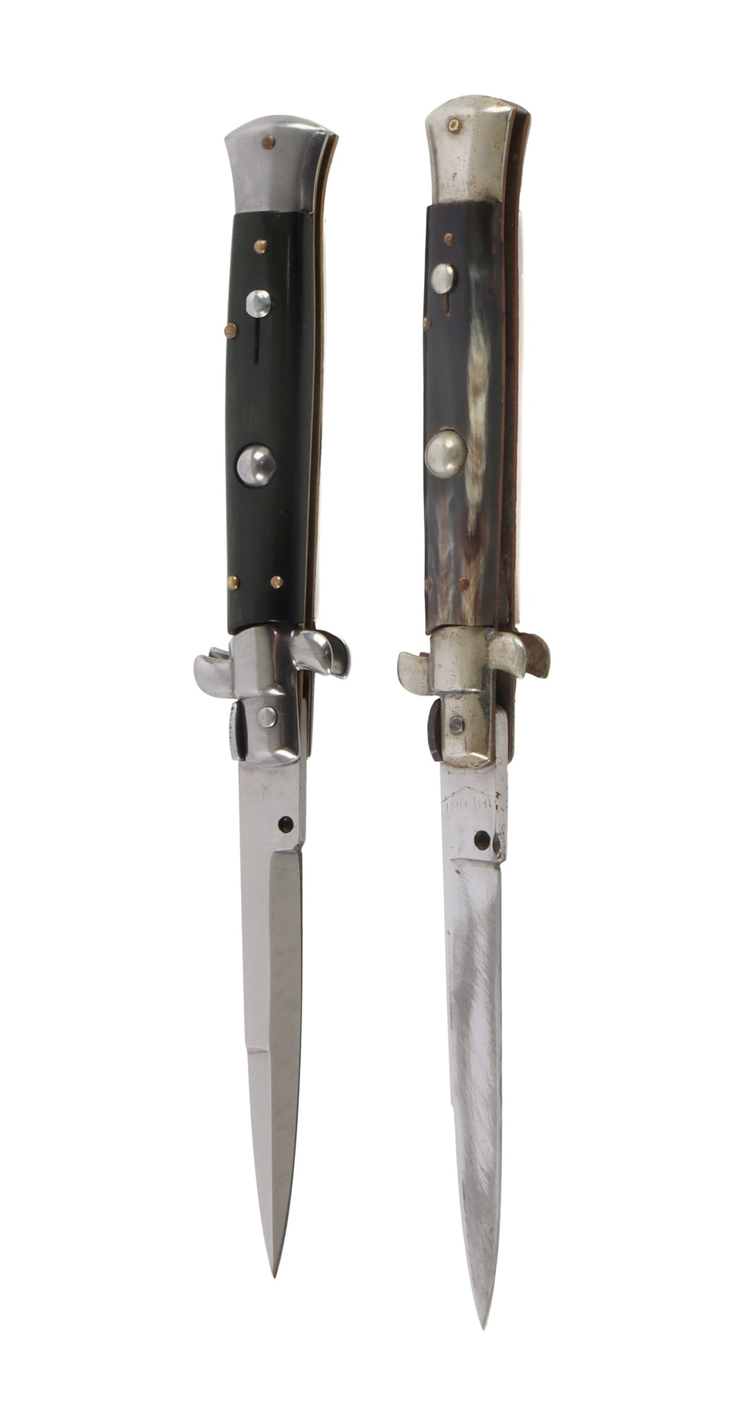 ITALIAN STILETTO SWITCH BLADE LOT OF 2: Two Italian stiletto blades. 1) Marked Stiletto, green wood grain handle. 2) Marked Inox, cow or buffalo horn handle. Both 4 inch blades. Very good, original condition.