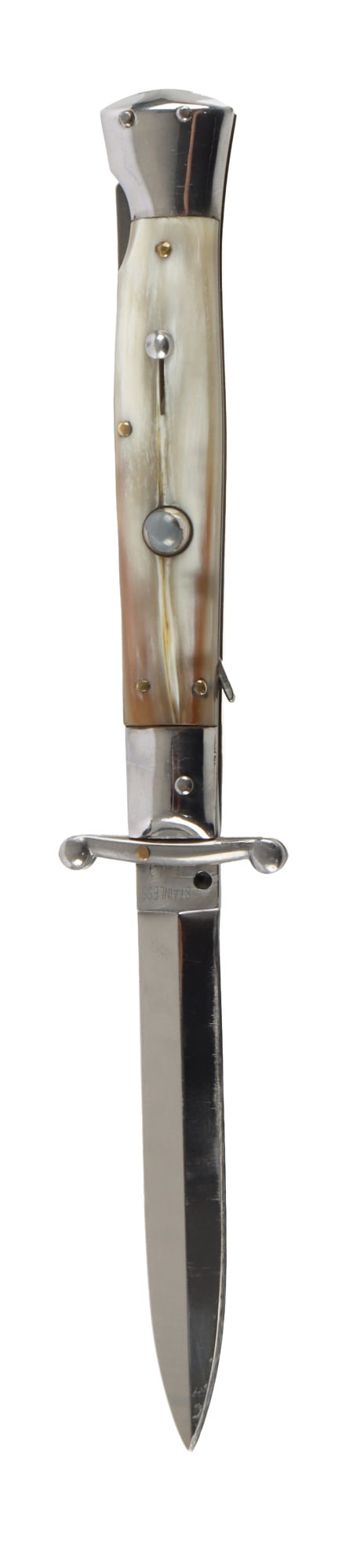 STAINLESS ITALIAN ASSISTED SWITCH BLADE KNIFE: Marked Stainless Italy. Grip plates are buffalo horn. It measures 8 7/8 inches.