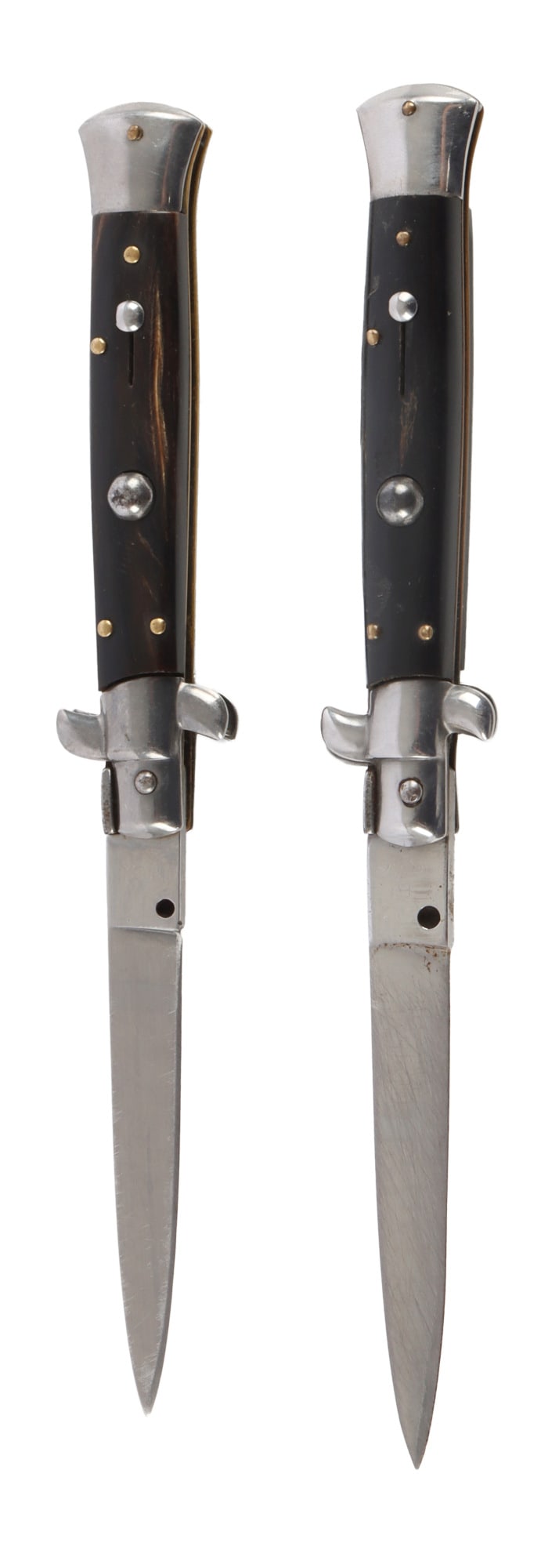 VINTAGE GERMAN ITALIAN STILETTO SWITCH BLADE LOT 2: Two switchblades. 1) German stiletto. Marked 'B' and 'Rostfrei.' 4.5 inch blade. Older, evidence of use. 2) Italian stiletto. Marked 'Inox.' 4 inch blade. Both in very good, original condition.